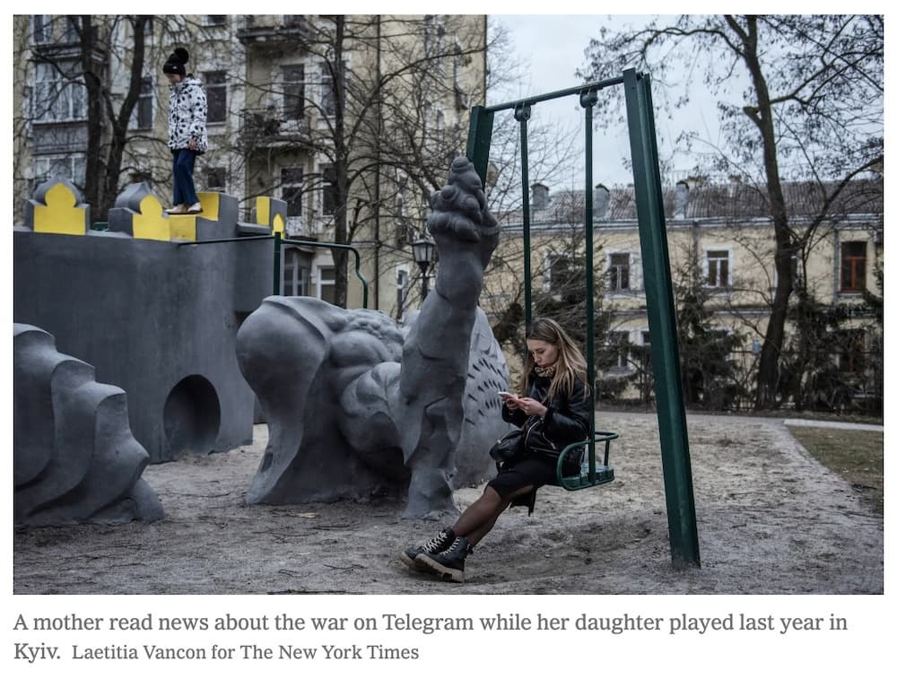 A mother read news about the war on Telegram while her daughter played last year in Kyiv